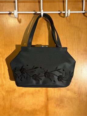 Black Floral Embroidered Satin Wristlet Tote